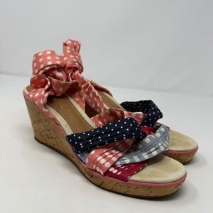 Sperry Top-Sider Women's 10M Polka Dot Cork Wedge Sandals Ankle Tie Pink Navy